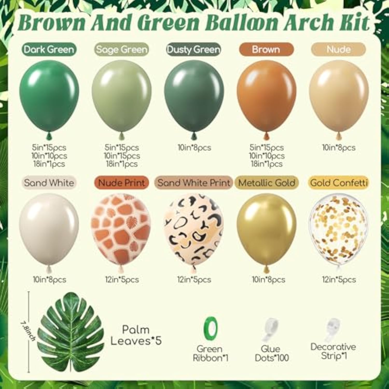 138Pcs Safari Balloon Garland Arch Kit With Dark Green Sage Green Brown Sand White Nude Gold Balloons Leaves For Jungle Safari Birthday Baby Shower Decorations