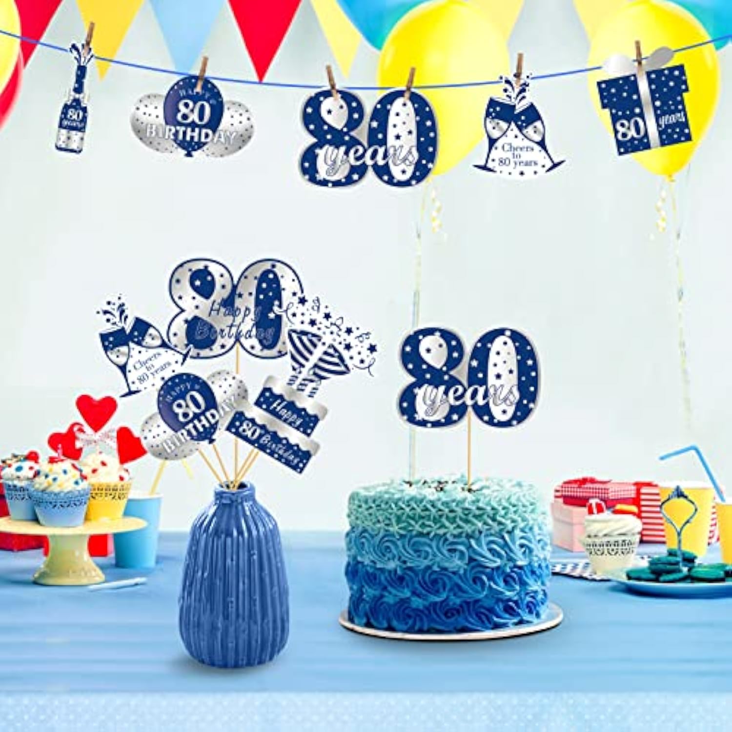 24Pcs 80Th Birthday Decorations Table Topper For Men, Blue Silver 80 Y