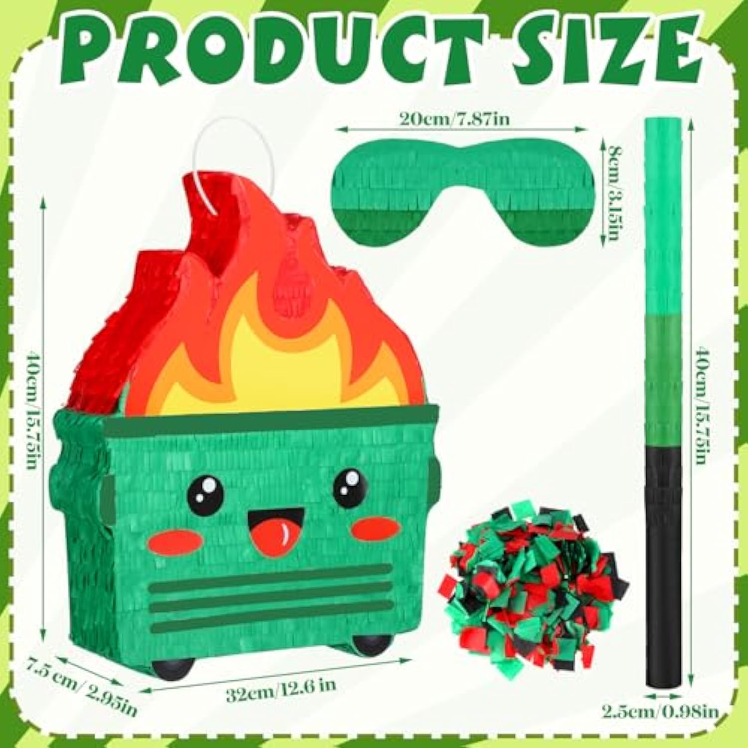 Dumpster On Fire Piñata For Birthday Party 15. 75 X 12. 6 Inch Piñata With Bat Blindfold Confetti For Baby Shower Photo Props Cinco De Mayo Fiesta Decoration Kids Teens Adults Supplies(Green)