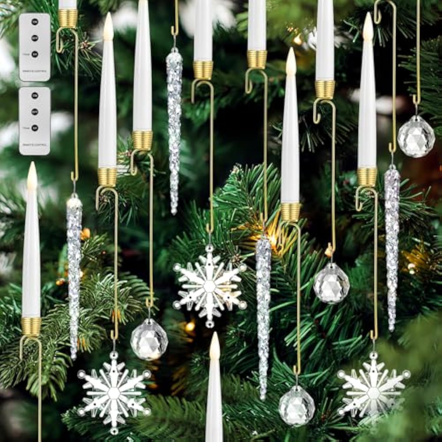 12 Pcs Christmas Tree Candles Flameless Led Taper Candles Battery Operated Lights With Ball Icicles Snowflake Hooks & Remote Xmas Tree Hanging Ornaments For Winter New Year Party Supplies