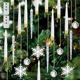 12 Pcs Christmas Tree Candles Flameless Led Taper Candles Battery Operated Lights With Ball Icicles Snowflake Hooks & Remote Xmas Tree Hanging Ornaments For Winter New Year Party Supplies