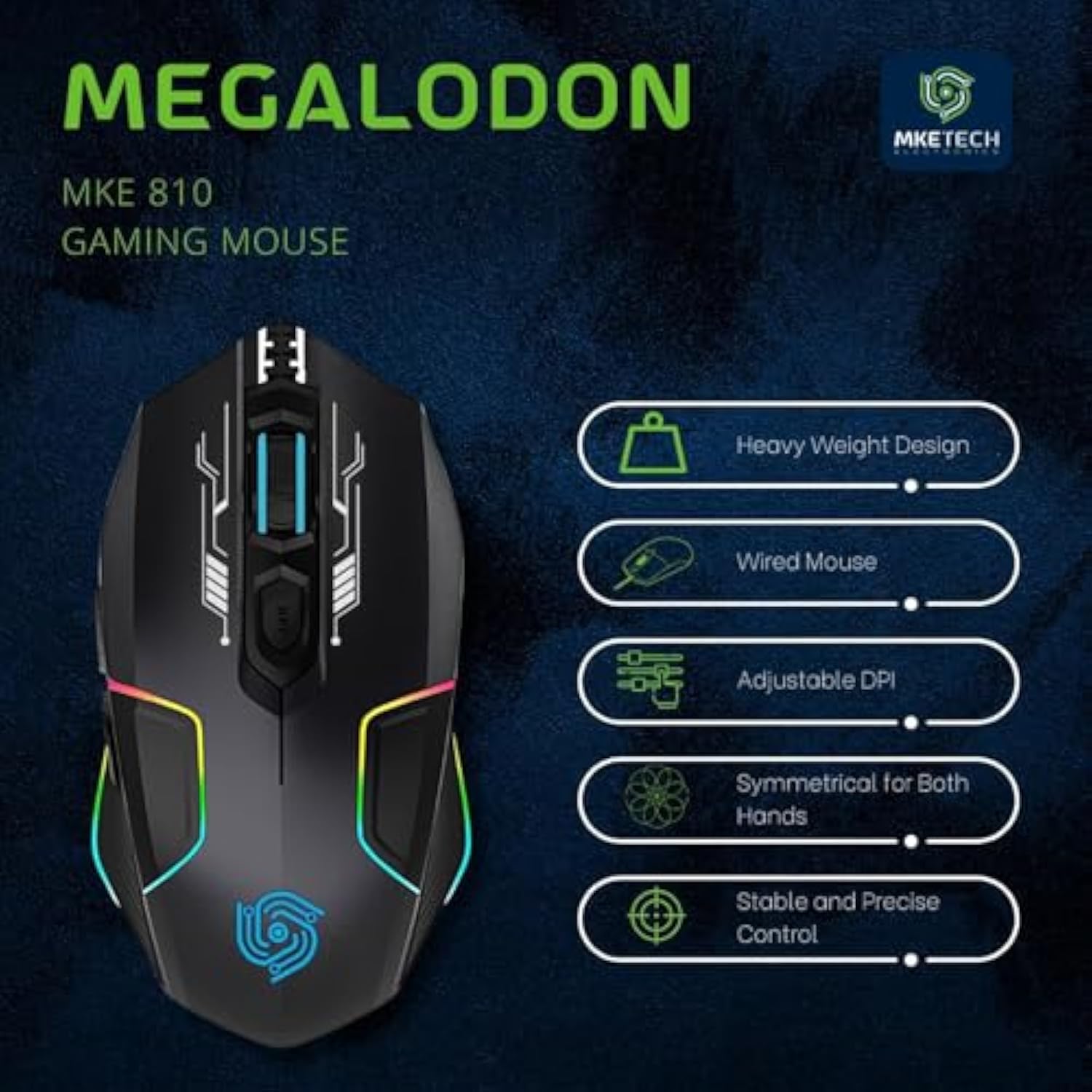 Wired Gaming Mouse With Ambidextrous Design, Heavyweight Usb Mouse, Rgb Lighting, Adjustable Dpi, For Computer And Laptop, Black (Mke 810 Megalodon)