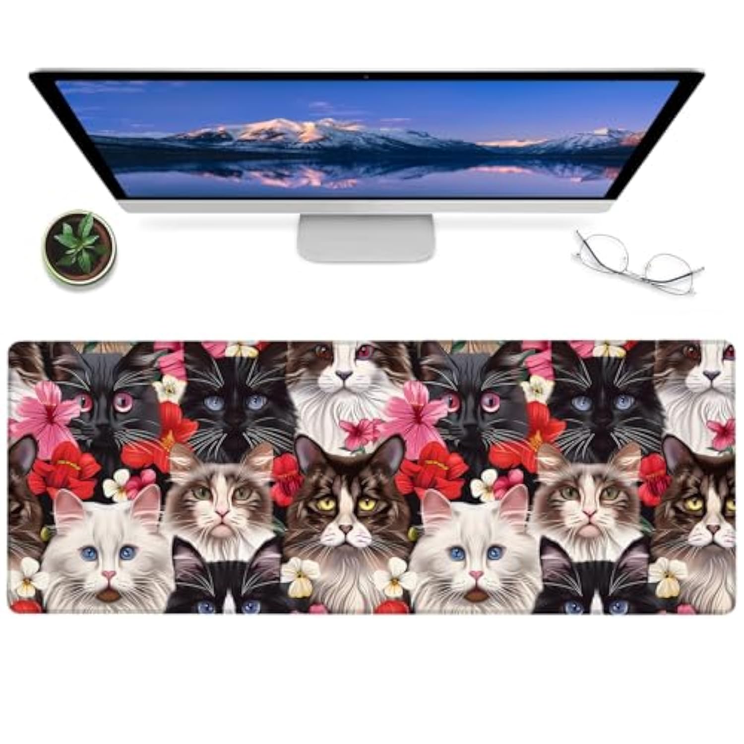 Cute Cat Gaming Mouse Pad,12X31.5In Non-Slip Rubber Pet Desk Mat,Large Extended Mousepad For Office Home Laptop,Mice Pads Gifts,Game Lover Deskmat Decor (Floral Kitten)