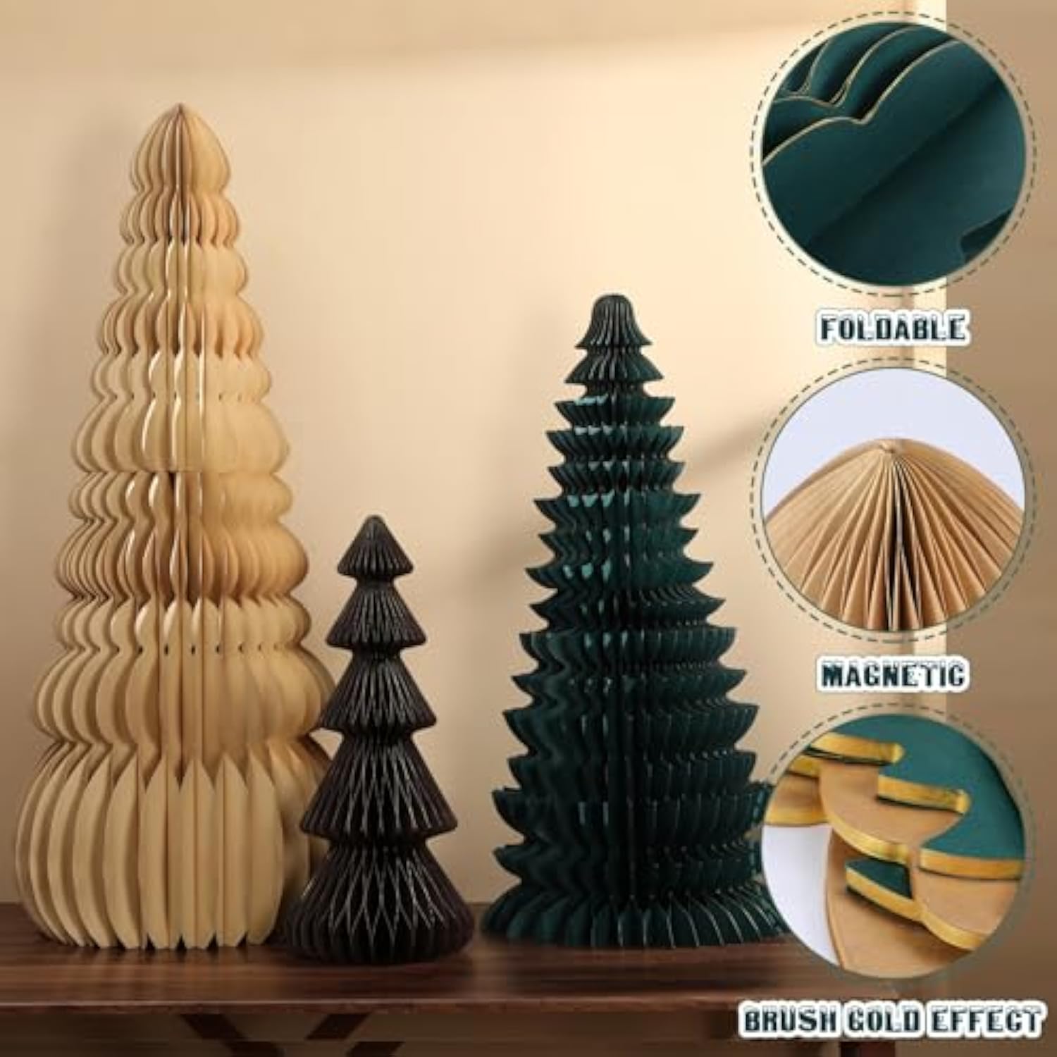 3 Pcs Large Honeycomb Christmas Tree - 4Ft 3Ft 2Ft Paper Christmas Folding 3D Home Decoration Set With Magnetic Design For Winter Holiday Festive Party (Classic,Beige,Green,Brown)