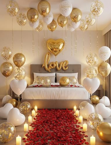 Happy Anniversary Decorations, Gold White Balloons, Heart Balloons