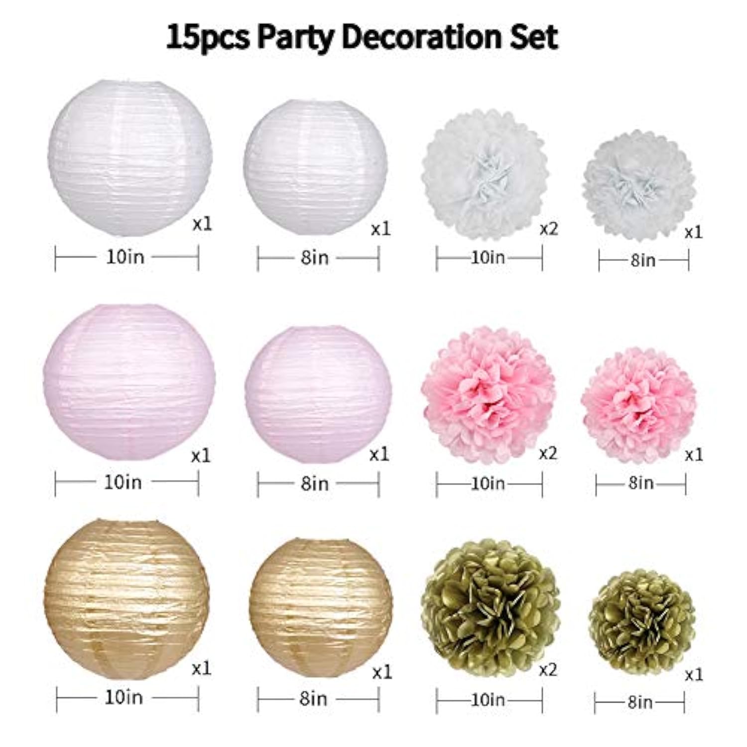 Pink And Gold Party Decorations, Pink Gold Paper Lanterns And Pom Poms Flowers For Birthday Baby Showers Engagement Tea Party Decor 15 Pieces