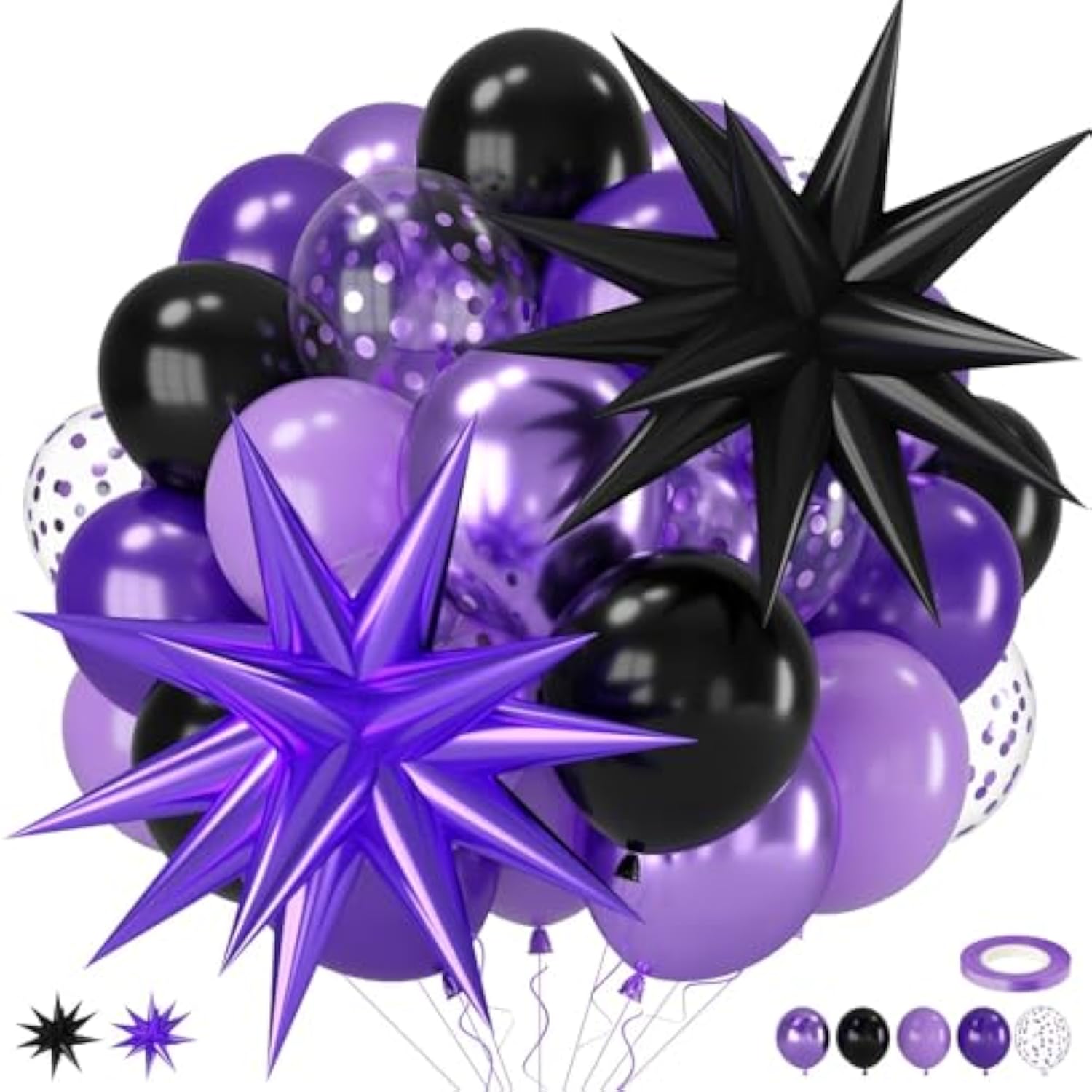 Purple Black 12In Metallic Confetti Balloons Star Foil Party Decorations