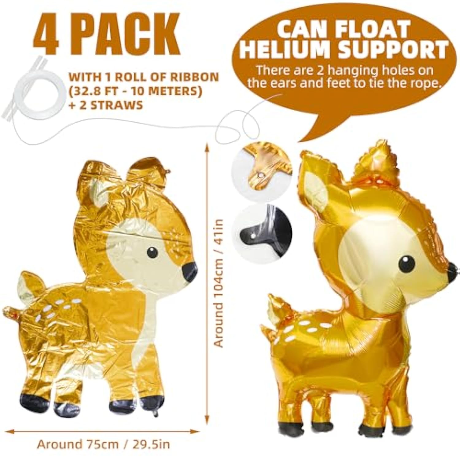 Woodland Deer Balloon Cartoon Jungle Safari Zoo Animal Party Supplies For Christams Birthday New Year Wedding, 4 Pack Big 41'' Cute Wild Forest Reindeer Balloons Wildlife Buck Decor Doe Deer Supplies