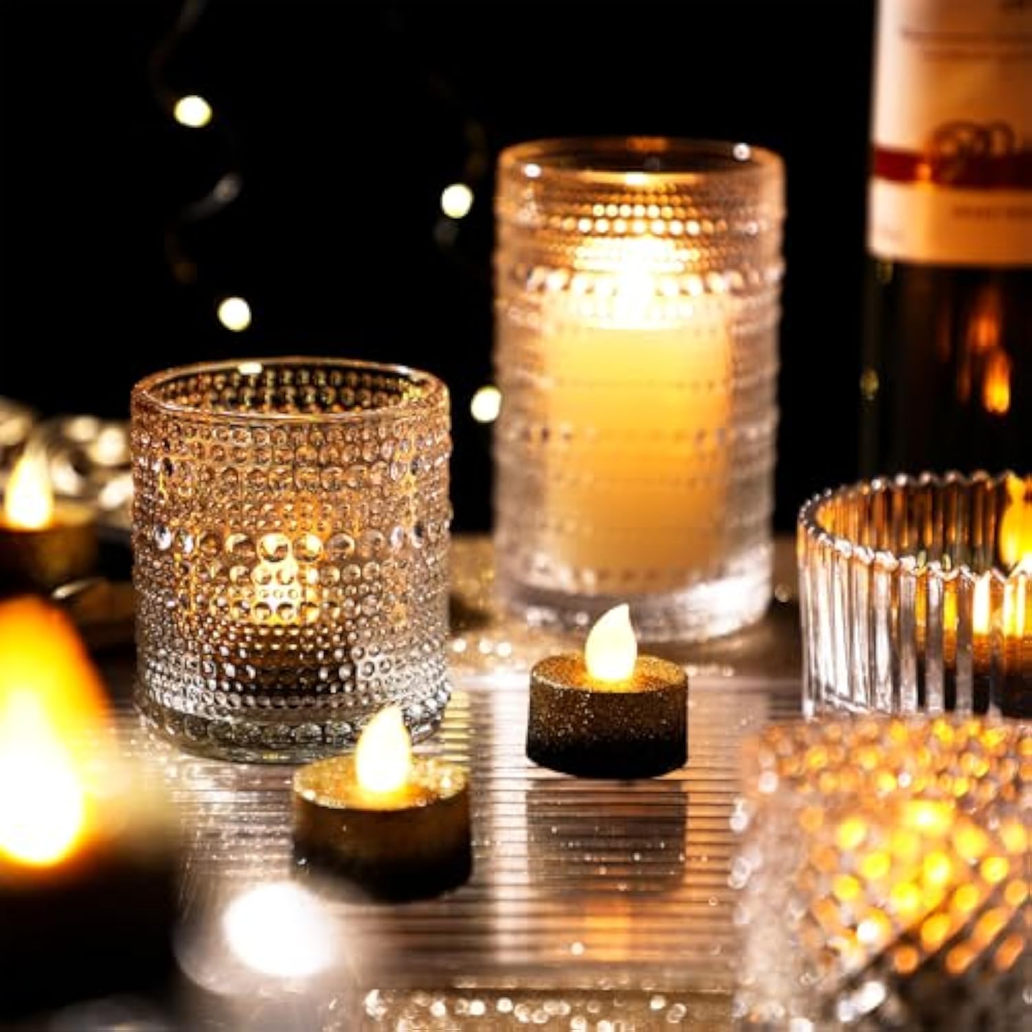 24 Pcs Flameless Led Tea Lights Gold Black Glitter Flickering Fake Led Candles Tealights Battery Operated Romantic Anniversary Decorations Winter Decor For Valentines Wedding Christmas Party