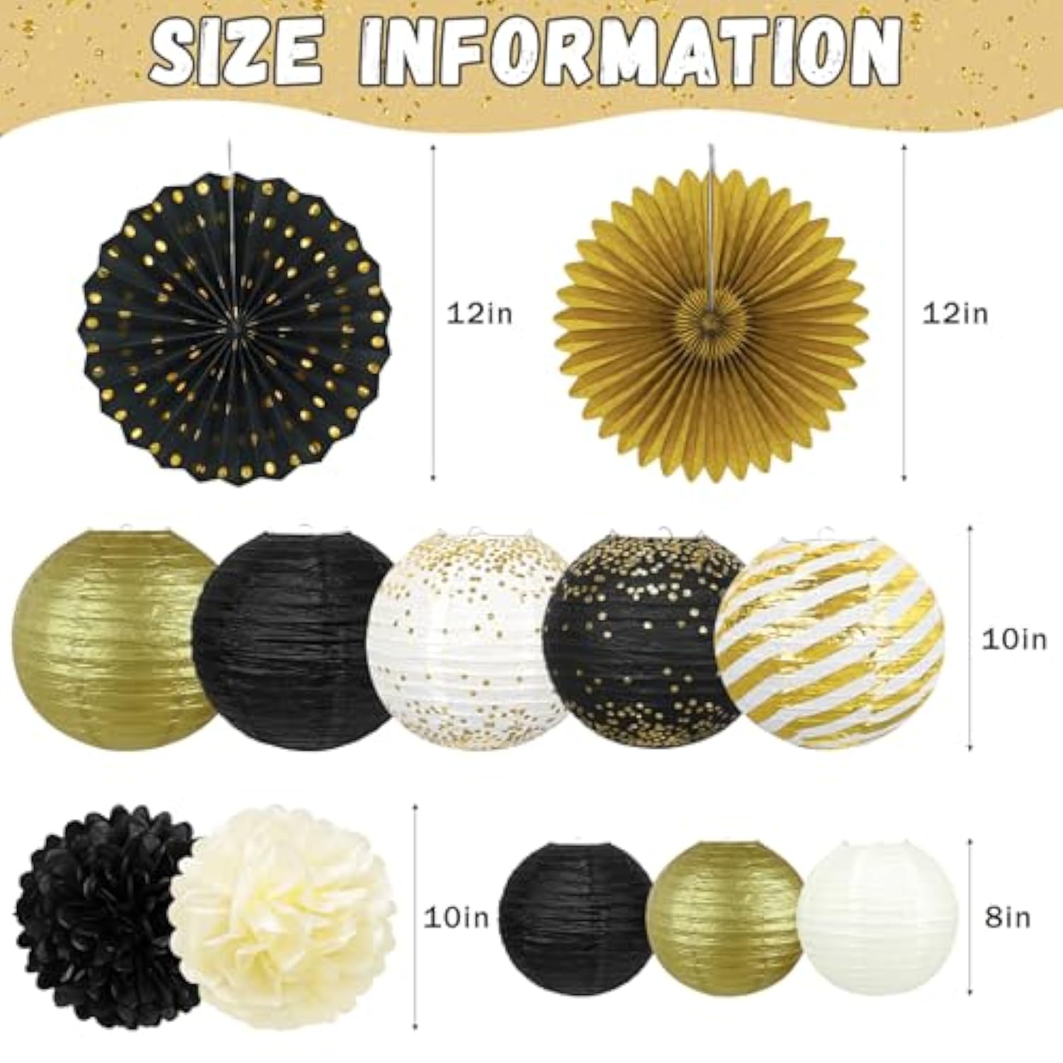 14-Pack Black Gold Party Decorations Lanterns Fans Pom Poms for Birthday Graduation