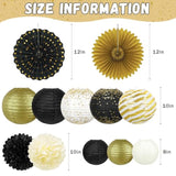 14-Pack Black Gold Party Decorations Lanterns Fans Pom Poms for Birthday Graduation