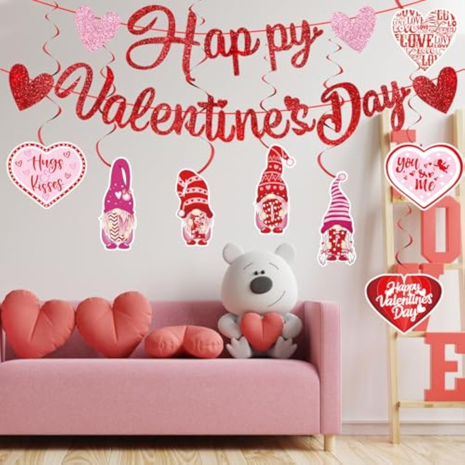 Happy Valentine'S Day Party Decorations, Red Glittery Happy Valentines Day Banner And Valentines Hanging Heart Swirls Decorations For Valentine'S Wedding Anniversary Party Supplies