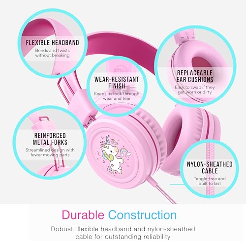 KidJamz KJ55 Wired Childrens Headphones with 3.5mm Plug, Colorful Graphics, Volume Limiter & Microphone, Adjustable On-Ear Kids Headset for Online