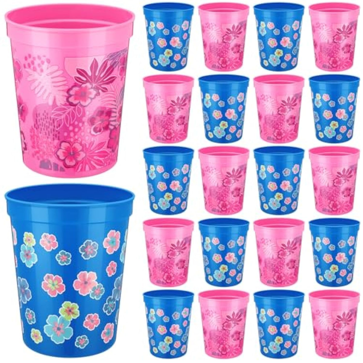 24 Pcs Cartoon Party Decoration Cups 16Oz Reusable Plastic Cups Cartoon Themed Birthday Party Favor Tumblers Bulk For Smoothie Juice Ice Coffee, Blue, Pink