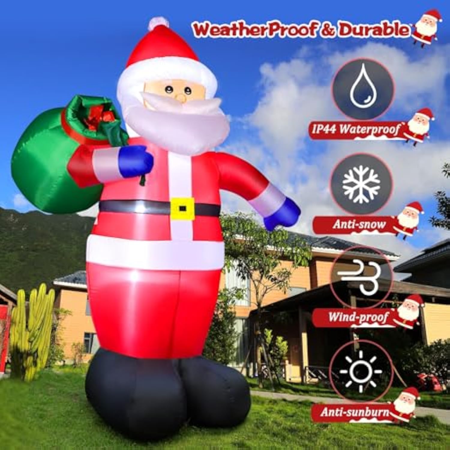 12 Feet Giant Christmas Inflatable Santa Claus Outdoor Yard Decorations, Blow Up Santa Claus With Gift Bag, Built-In Led