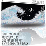 Full Desk Mouse Pad, 31.5 X 15.75 Inches, 3 Mm Thick, Non-Slip Rubber Base, Office And Gamingmat With Stitched Edges (Black And Blue Waves)
