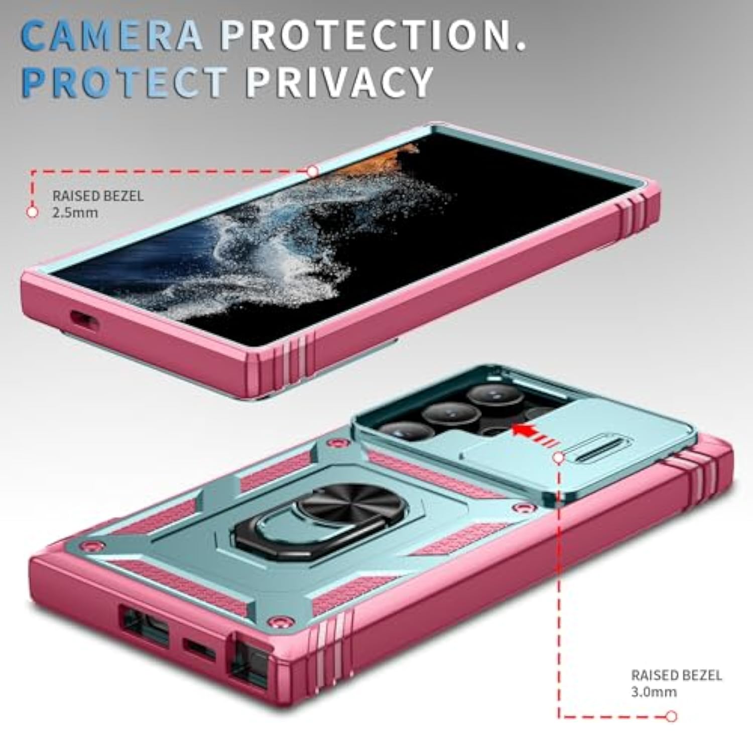 Case For Galaxy S24 Ultra, Slide Lens Protective Case Shockproof Impact Resistant With Kickstand Cover Case For Samsung Galaxy S24 Ultra 5G 6.8" (Green Pink)