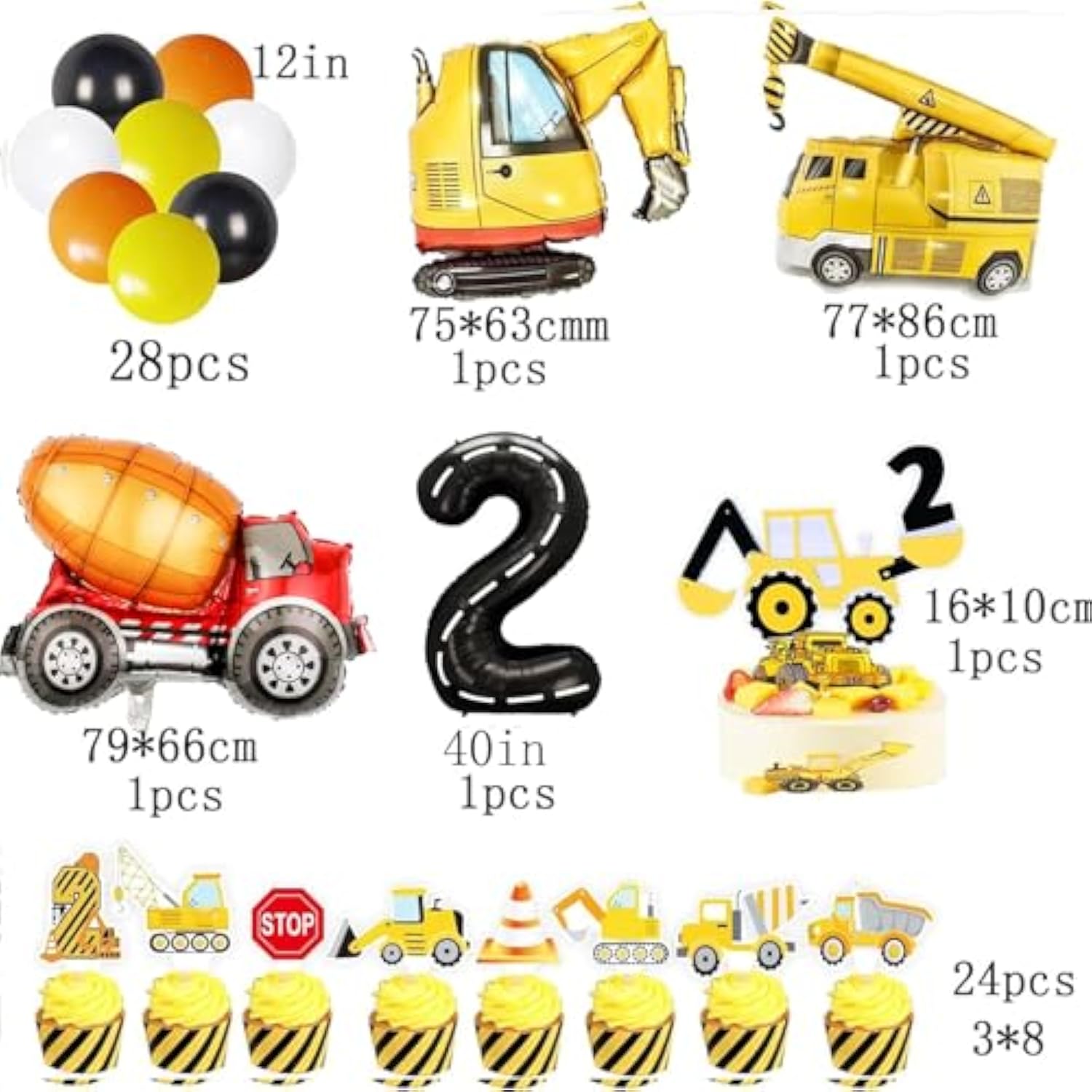 Construction Birthday Party Supplies For 2 Year Old Boy, 2Nd Birthday Decorations For Boys, Include- Backdrop, Cake, And Cupcake Toppers, Balloons, Cupcakes Wrappers, Banner