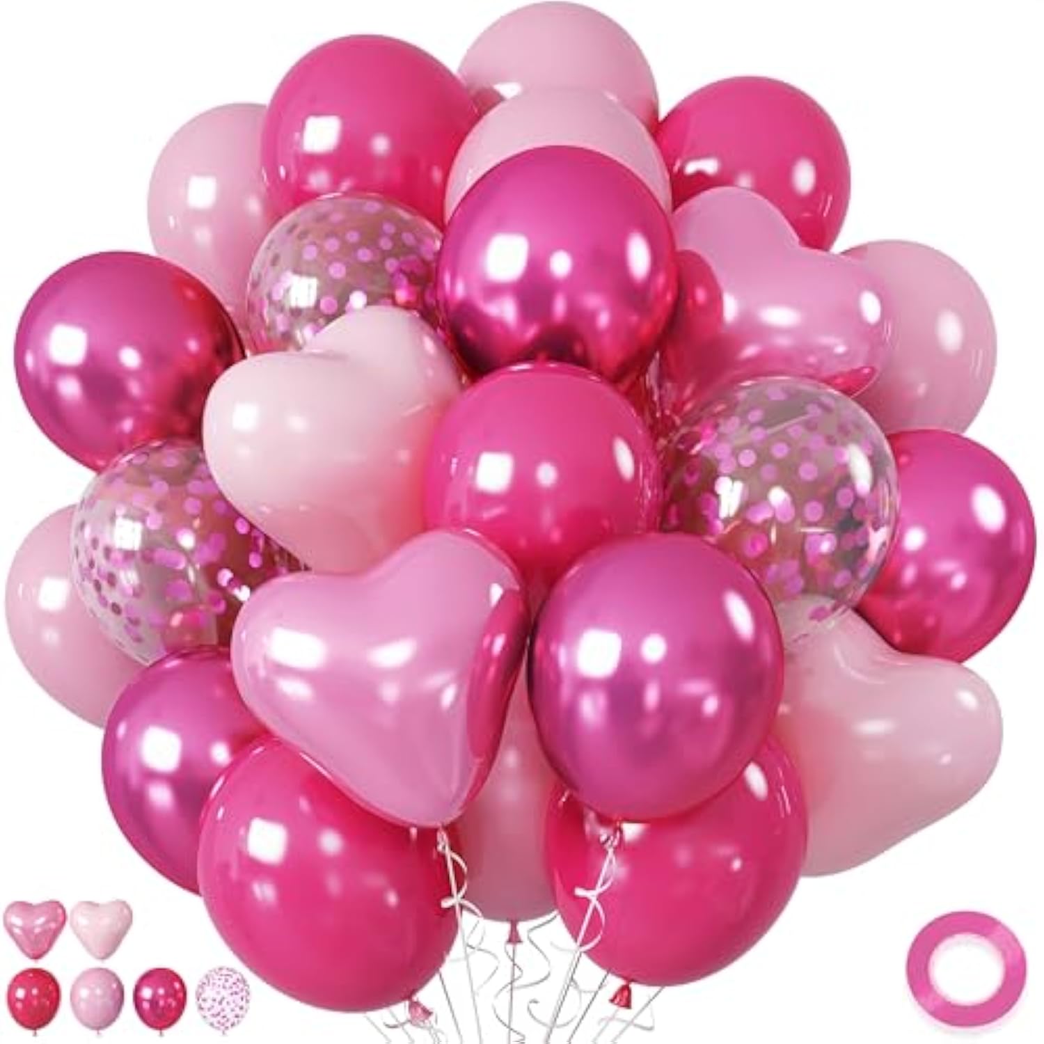 Pink Balloons, 12 Inch Metallic Hot Pink Chrome Magenta Heart Balloons Birthday Party Decorations, Baby Confetti Balloon For Valentines Day Girls Happy Birthday Decoration Princess Party