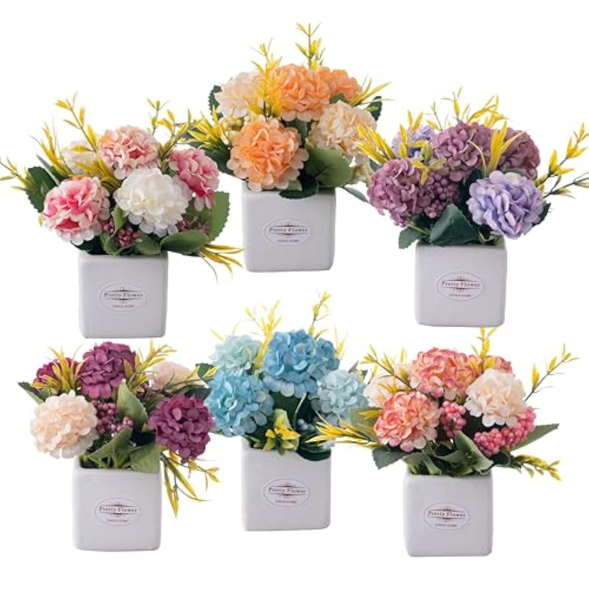 6Pcs Artificial Flowers With Ceramic Pot Small Fake Hydrangea Flowers Arrangements Faux Spring Flowers In Vase Home Spring Decor, Centerpiece Table Decorations For Farmhouse Office Shelf Dining Table