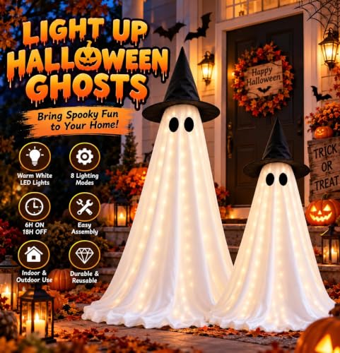 2 Pack Lighted Halloween Ghost Decorations Indoor Outdoor, Up to 55" Freestanding Glowing Ghosts with Witch Hats, 8 Modes & Auto-Timer Spooky Light Up Stand Decor for Front Porch Yard Room
