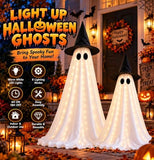 2 Pack Lighted Halloween Ghost Decorations Indoor Outdoor, Up to 55" Freestanding Glowing Ghosts with Witch Hats, 8 Modes & Auto-Timer Spooky Light Up Stand Decor for Front Porch Yard Room