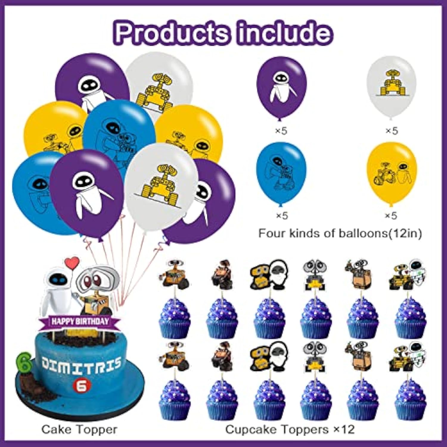 Walle Science Fiction Party Supplies With Happy Birthday Banner, Cupcake Cake Toppers, Balloons For Fans Birthday Party Baby Shower Decorations
