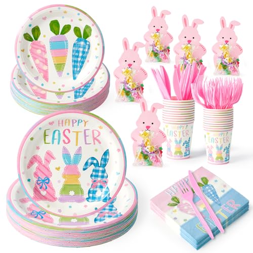 160 Pcs Easter Tableware Set Party Supplies for 20 Guests Disposable Paper Plates, Cups, Napkins Forks Set Decorations for Easter Party Spring Holiday Picnics