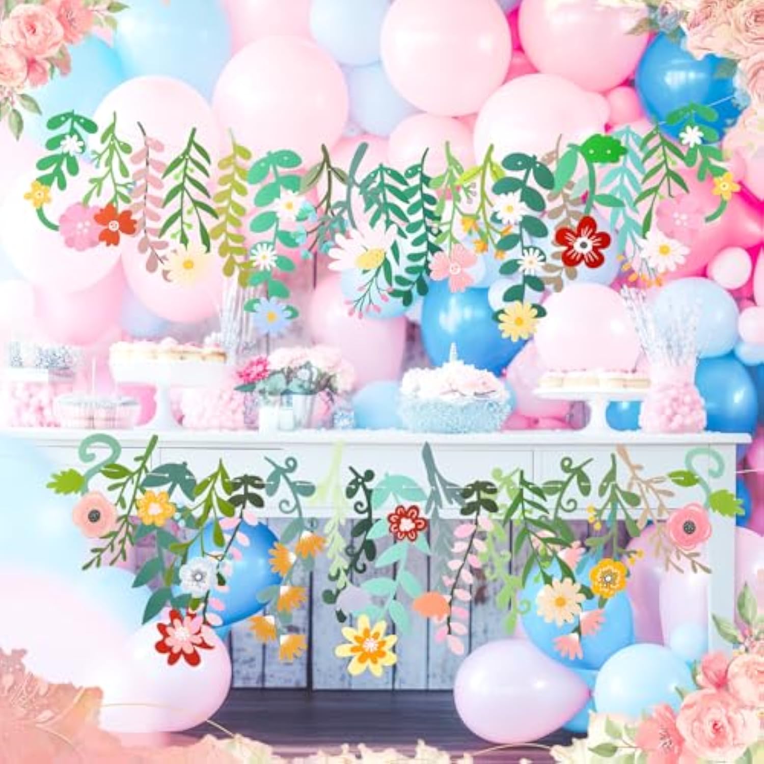 4 Pcs Flower Banner Garland Wildflower Party Decorations Groovy Boho Floral Spring Leaf Banners For Girl Women Birthday Bridal Baby Shower Garden Wedding Wall Classroom Backdrop Party Supplies