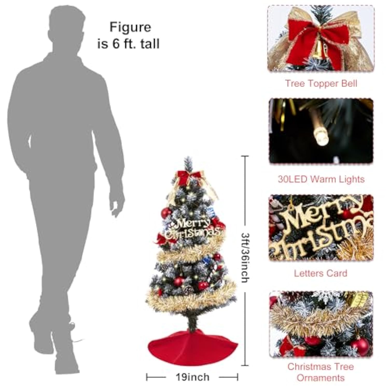 3Ft Christmas Tree With Lights, Christmas 36Inch Small Artificial Tabletop Tree, Xmas Desk Mini Tree With 50 Led Lights, Hanging Ornaments Decorations, Holiday Tree For Home Decor, Indoor, Office
