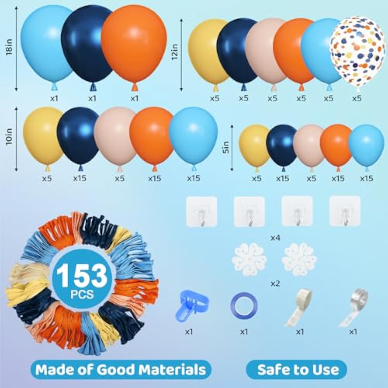 153Pcs Blue Orange Balloon Garland Arch Kit, Different Sizes 18 12 10 5 Inch Navy Blue Yellow Latex Pearlescent Confetti Balloons For Girl Boys Blue Birthday Party Baby Shower Decorations