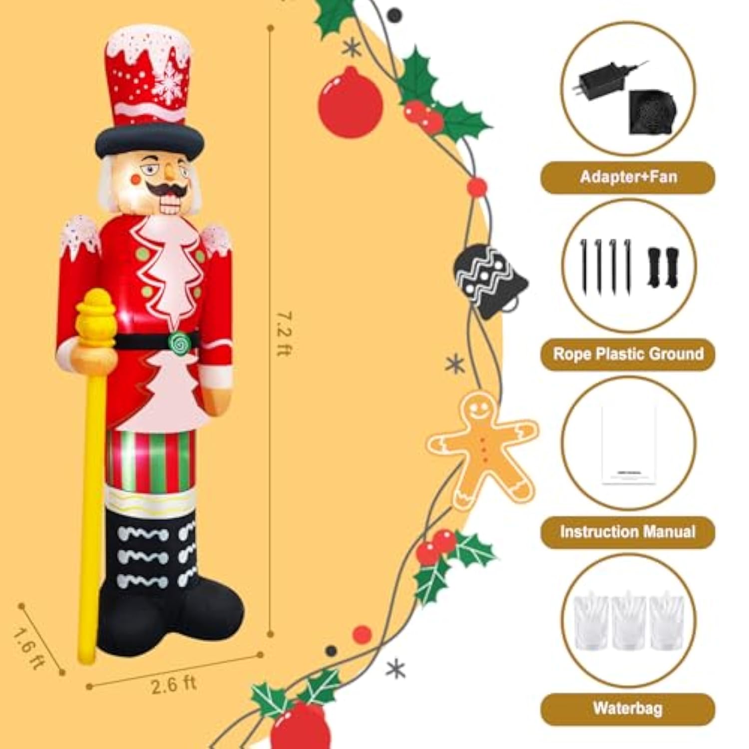 Christmas Inflatables 8Ft Nutcracker Figurine Red & White Soldier With Candy Cane Stripes, Staff & Crown Hat Festive Hol