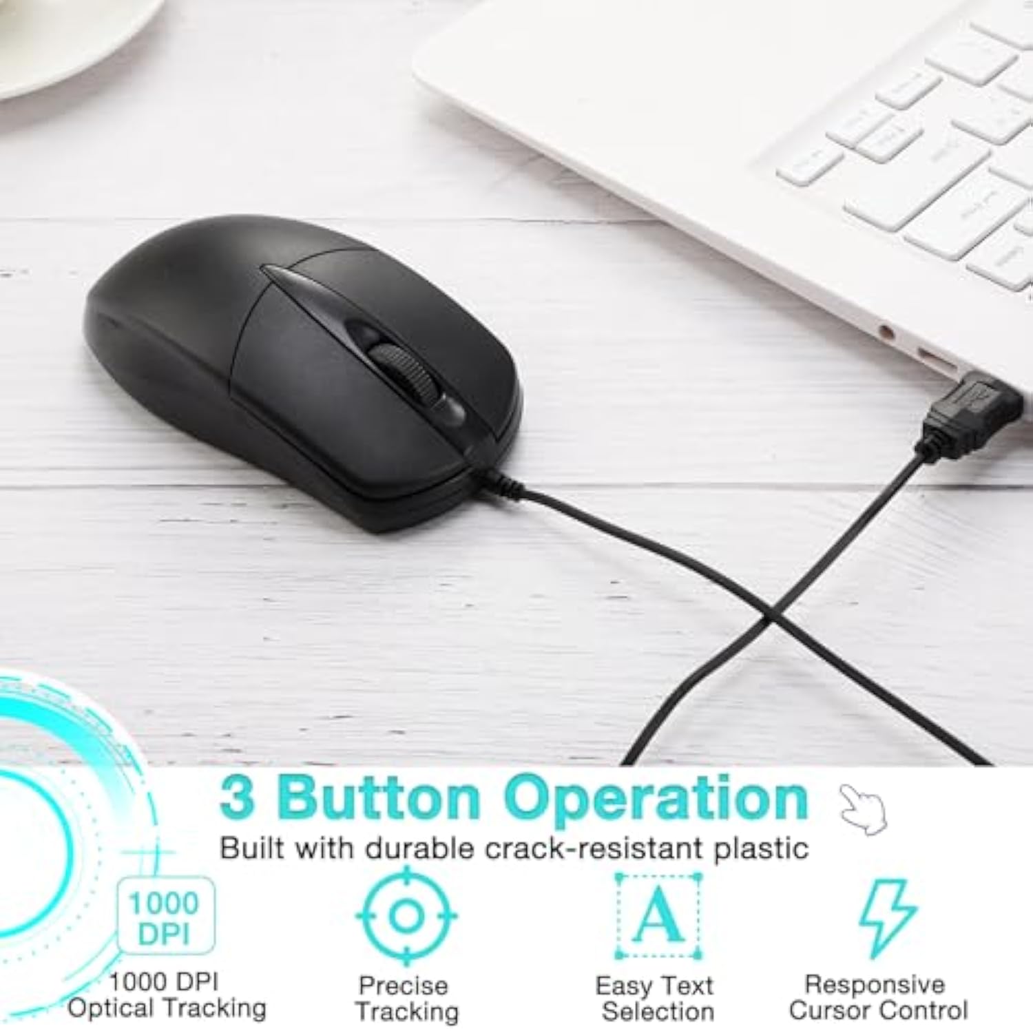 50 Pcs Black Wired Usb Computer Mouse Bulk 1000 Dpi 3 Button Corded Mouse With