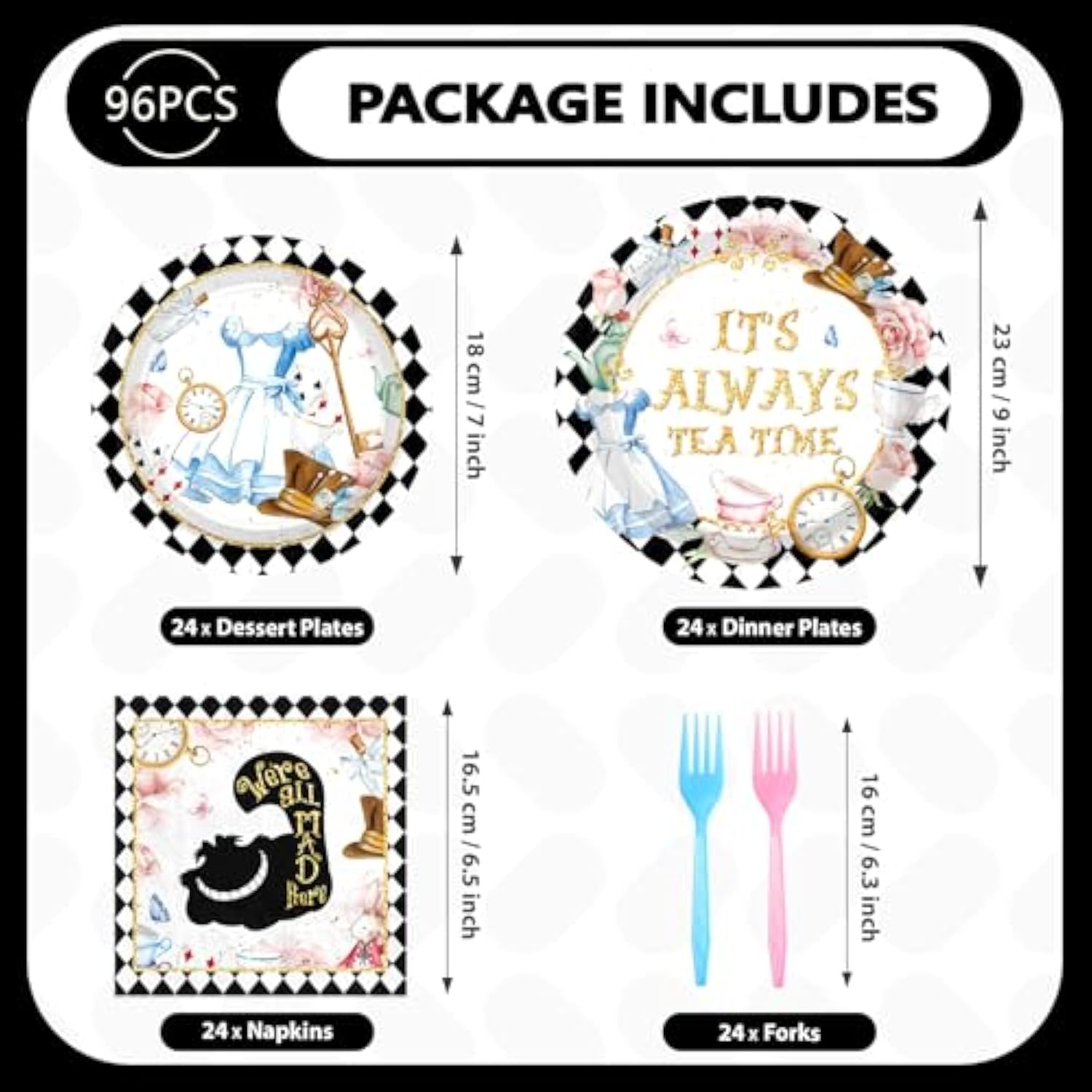 96 Pcs Alice In Onderland Party Decorations Tea Party Theme Birthday Baby Shower Paper Plates And Napkins Disposable Dessert Tableware Set For Girls Kids Birthday Baby Shower Decor Serves 24