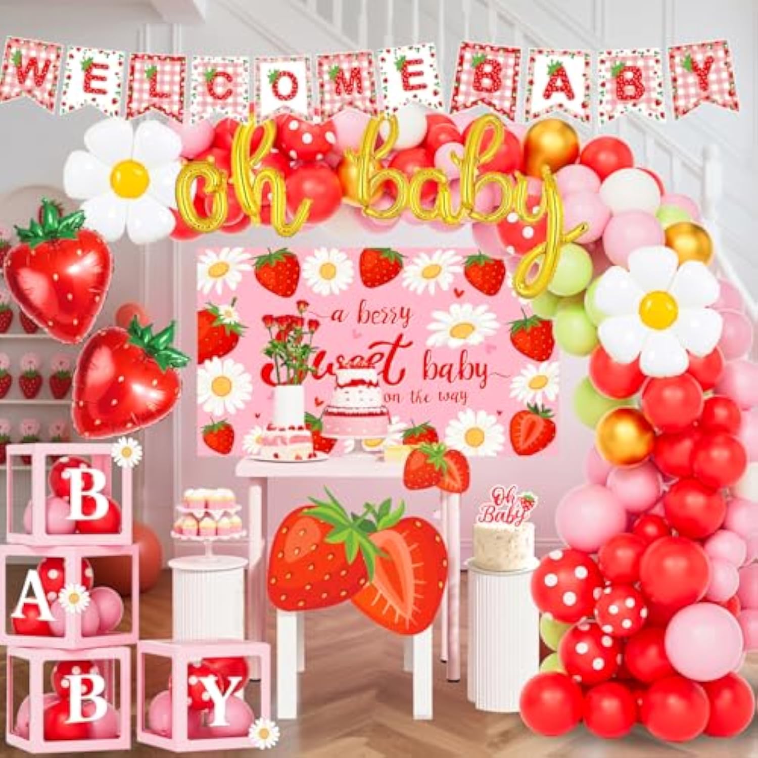 Strawberry Baby Shower Decorations, Balloon Arch Backdrop Banner Tablecloth Cake & Cupcake Toppers Boxes Mom To Be Sash Kit For Girl Berry Sweet Baby Shower Decorations