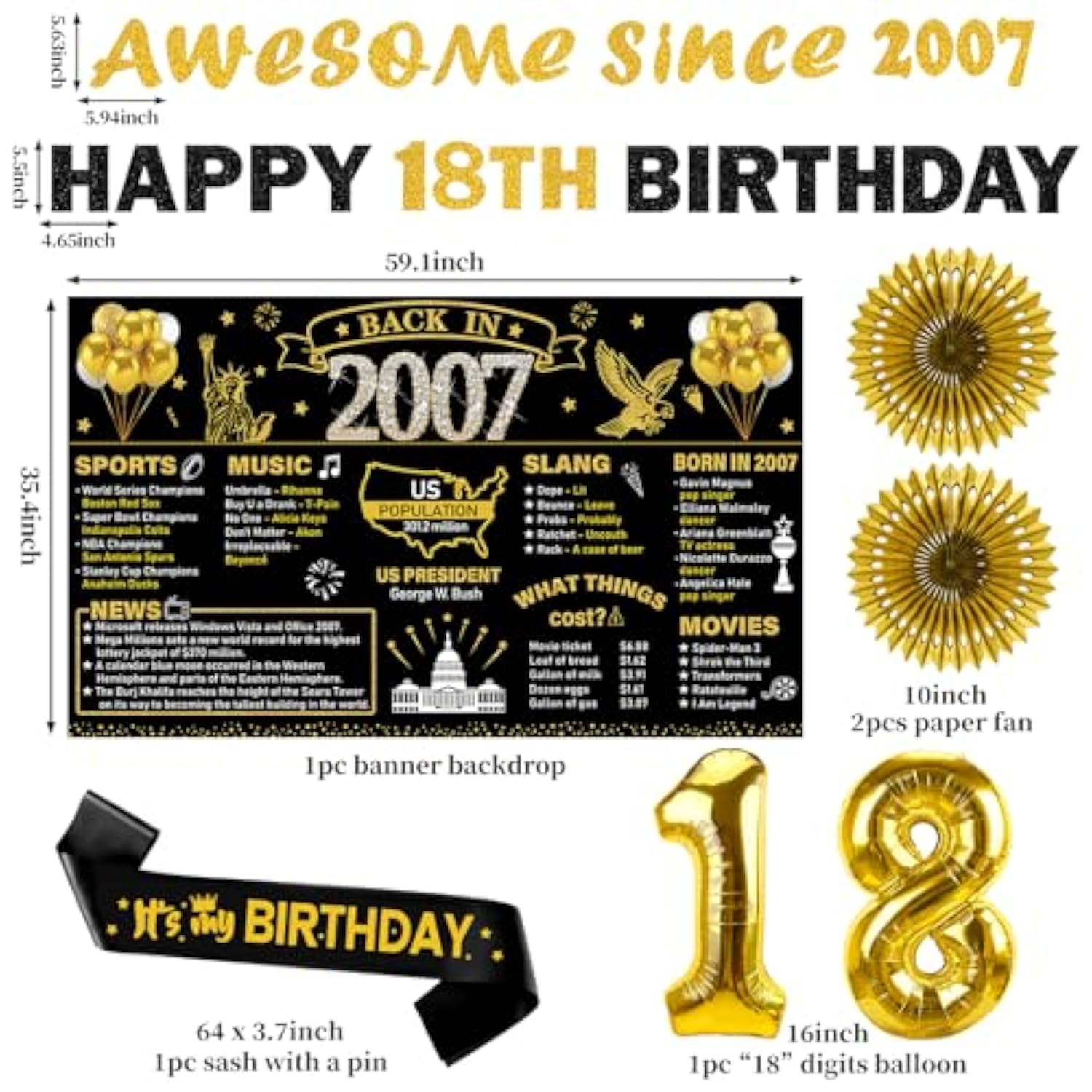 2007 18Th Birthday Decorations For Boys Girls, Black Gold Happy 18 Year Old Birthday Banner Backdrop Wall Sign Balloons Sash Table Cake Topper Honeycomb Centerpieces Paper Fans Party Supplies