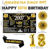 2007 18Th Birthday Decorations For Boys Girls, Black Gold Happy 18 Year Old Birthday Banner Backdrop Wall Sign Balloons Sash Table Cake Topper Honeycomb Centerpieces Paper Fans Party Supplies