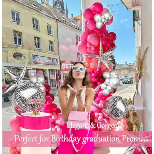 Hot Pink And Silver Disco Balloon Arch Garland Kit 150Pcs With Disco Ball Star Mylar Balloon For Back To 80S 90S Discotheme Prom Women 30Th Birthday Last Rodeo Bachelorette Party Decorations