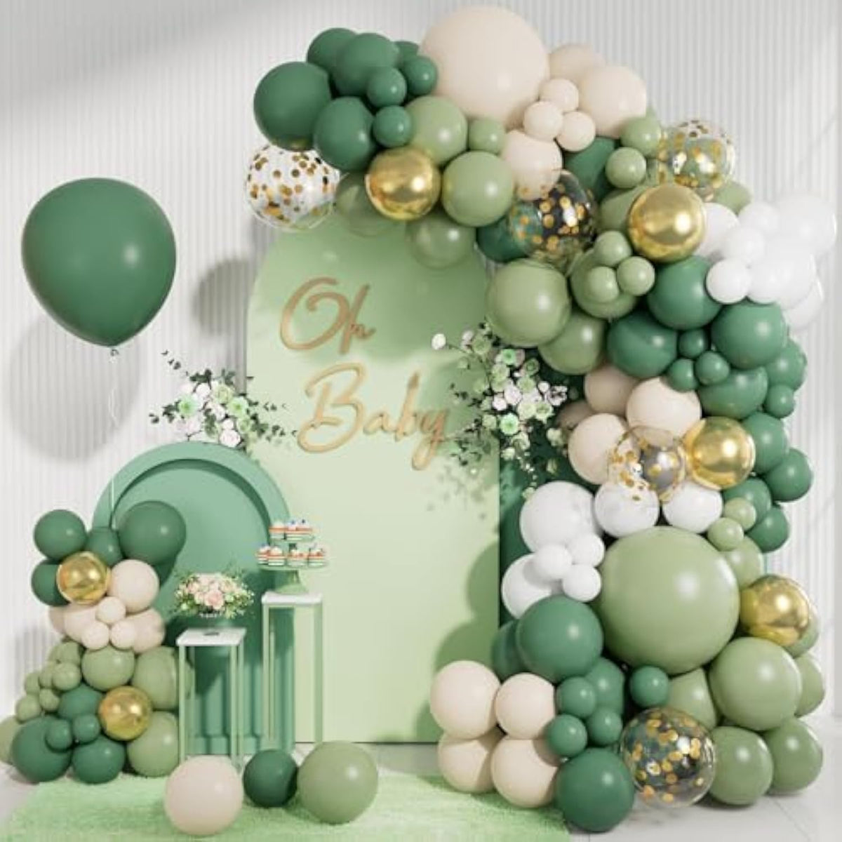 Sage Green Balloon Garland Kit – Olive, White & Gold Balloons with Confetti for Party Decor
