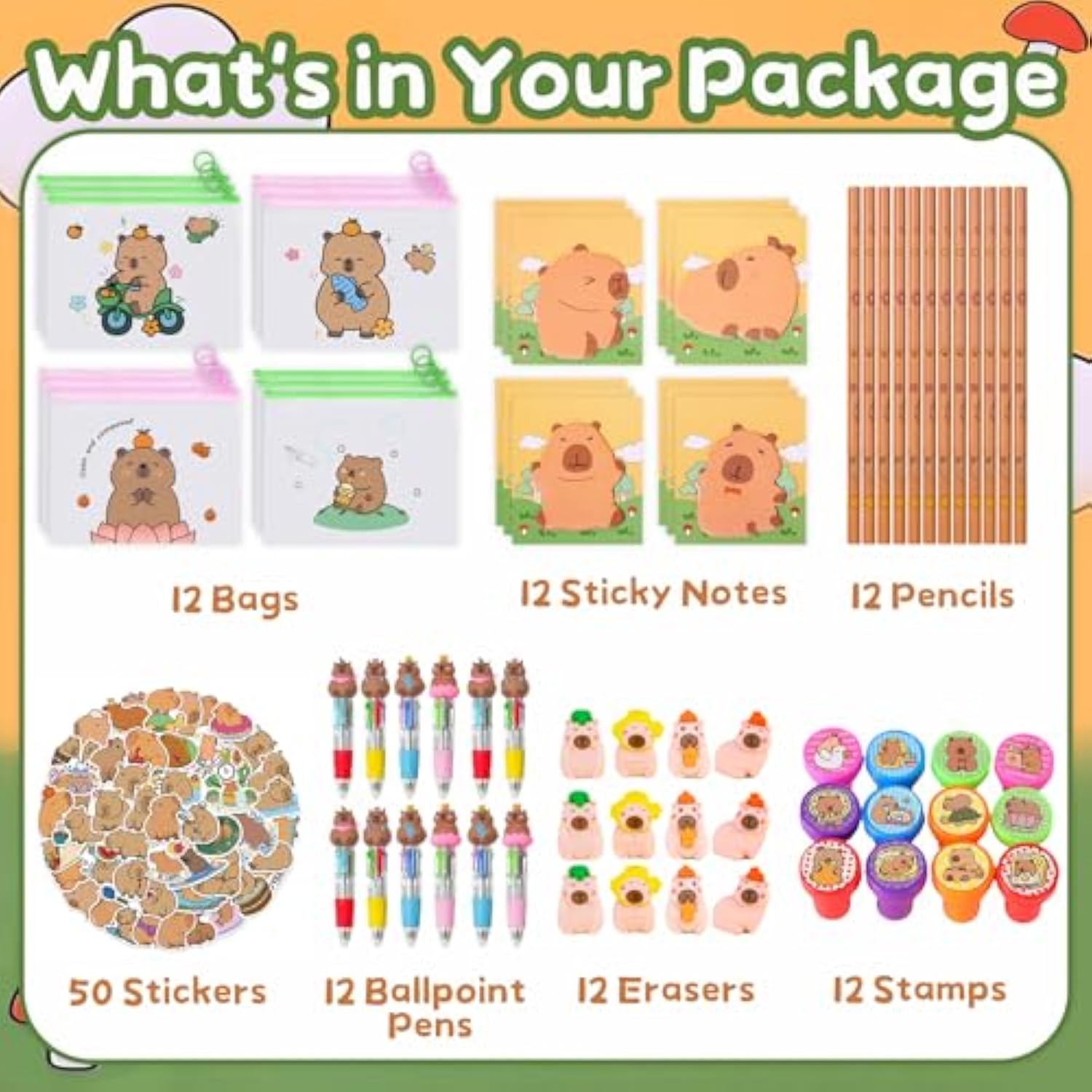 122Pcs Capybara Party Favors, Goodie Bags Stuffers For Kids With 4-In-1 Ballpoint Pens Sticky Notes Erasers Stampers Stickers, Capybara Stuff For Capibara Birthday Party Decorations