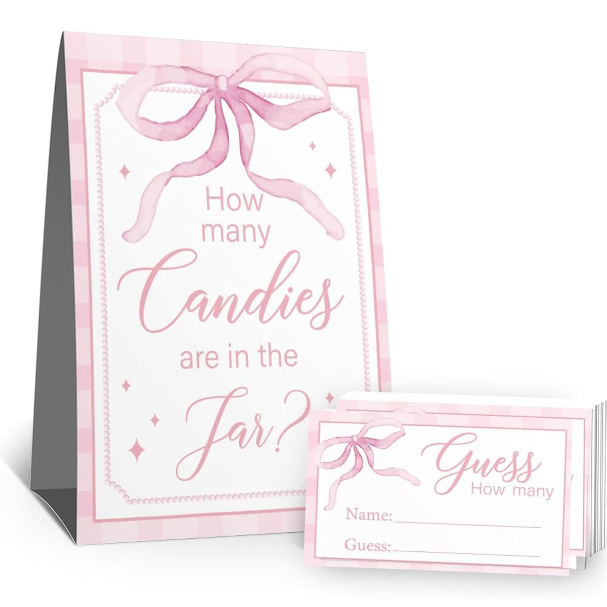 Guess How Many Candies Sign(1 Standing Sign-50 Guessing Cards) Pink Bow Theme Activities Cards Kit For Baby Showers, Newborn Parties, Bridal Shower, Engagement, Wedding Shower, Birthdays-58