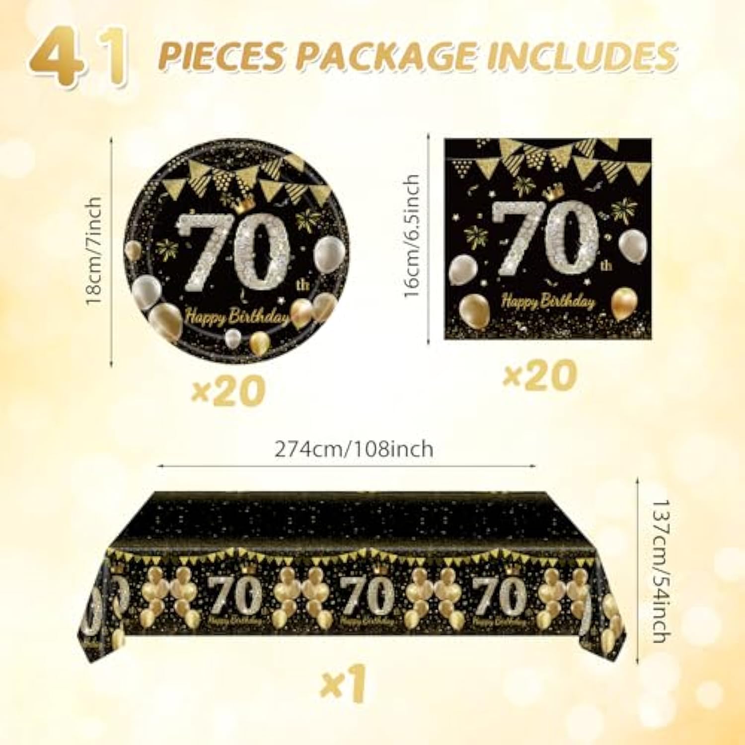 41Pcs 70Th Birthday Decorations For Men Women, Black Gold 70 Year Old Birthday Party Supplies Include 20 Plates 20 Napkins And 1 Tablecloth, Black Gold 70 Aged Birth Party Tableware