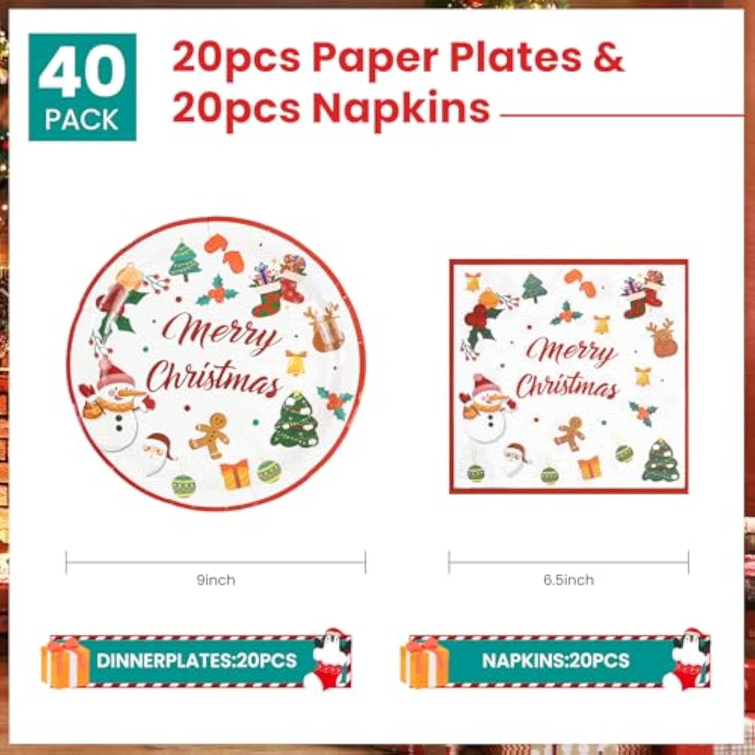 40Pcs Merry Christmas Paper Plates And Napkins - 9Inch Dessert Plate For Cake Salad Fruit Pizza,Disposable Decoration Supplies For Christmas Birthday Party, Serve 20 Guests