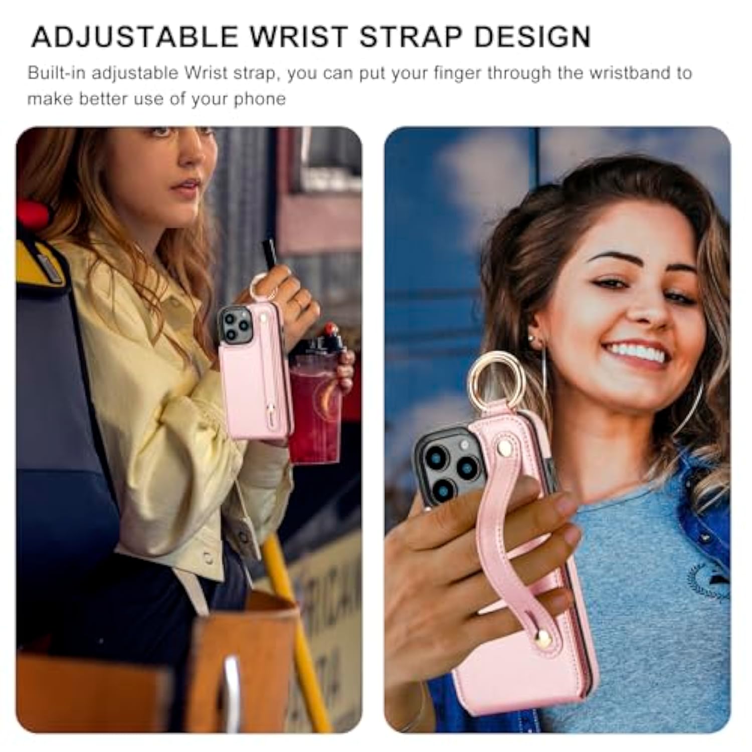 For Iphone 16 Pro Max Wallet Case With Card Holder, Hand Wrist Strap Loop Holder Kickstand, Rfid Blocking Finger Grip Ring Pu Leather Double Buttons Shockproof Cover 6.9" Rose Gold