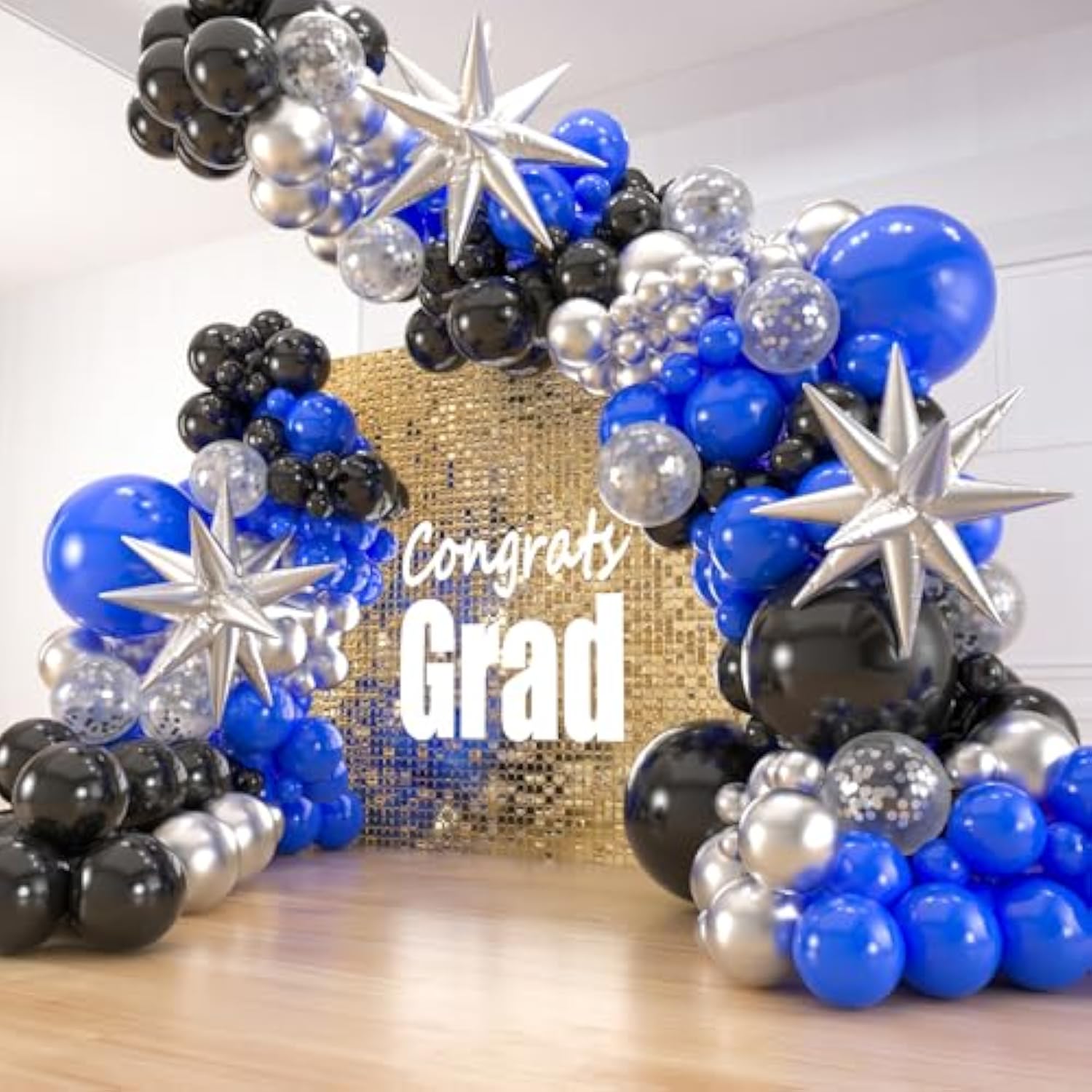 141Pcs Blue And Black Balloons Garland Arch Kit,18 12 10 5 Inch Black Royal Blue Silver Confetti Balloons With Foil Star For Birthday Class Of 2024 Graduation Party Decoration