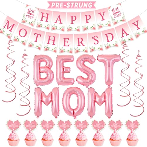 Happy Mother's Day Decorations, Happy Mothers Day Banner With Best Mom Balloons, Hanging Swirls, Happy Mothers Day Decor for Women Decoration