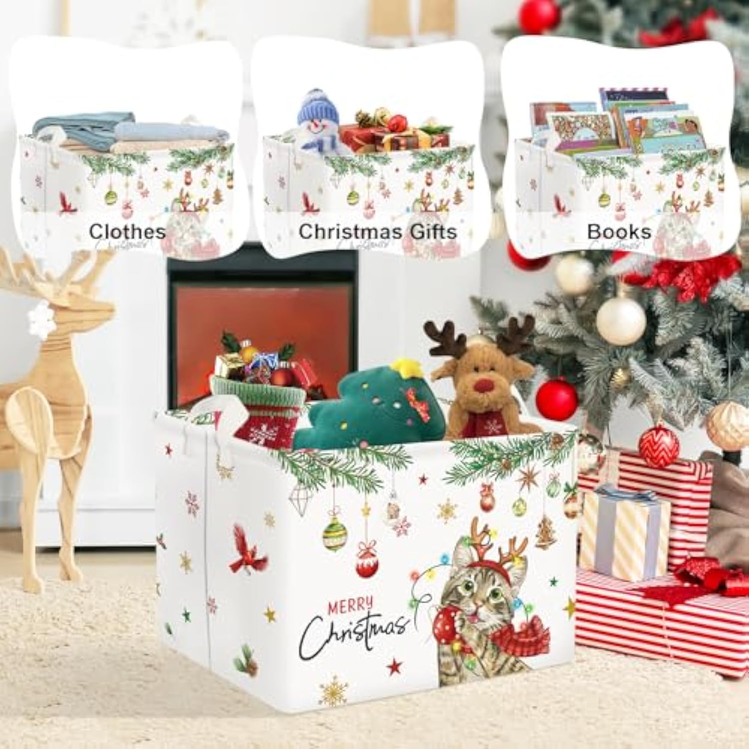 Christmas Pet Baby Laundry Hamper Snowflake Kid Storage Basket Boy Girl Gift Toy Box Collapsible Clothes Organizer Nursery Bin For Bedroom,Cat,40 * 30 * 30 Cm