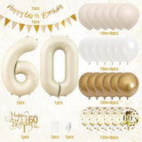 30pcs 60th Birthday Decorations, Sand White Gold Balloons, Banner & Cake Toppers