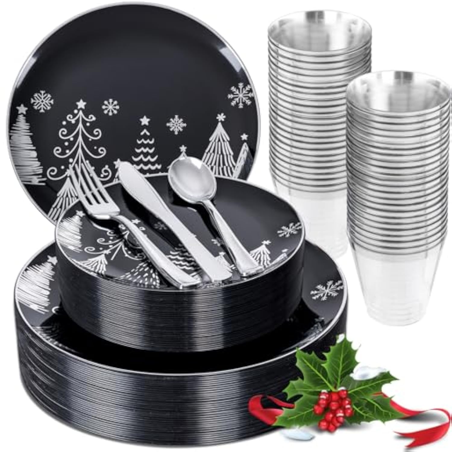 150Pcs Christmas Plates Disposable & Christmas Dinnerware Set For 25 Guests - Black & Silver Plates, Plastic Silverware & Cups With Silver Rim For Christmas Party Supplies