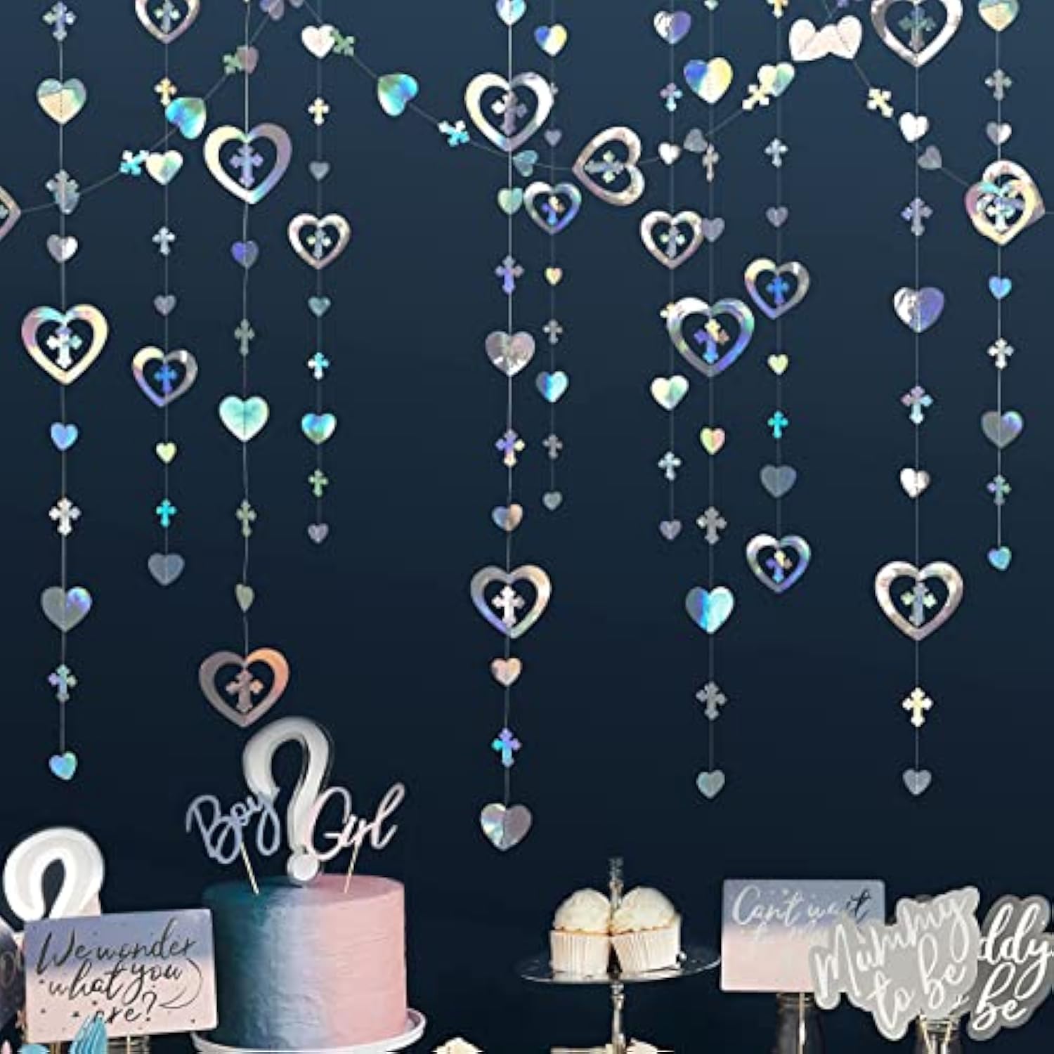 40 Ft Iridescent Cross Heart Garlands 3D Holographic Paper Streamer Fo
